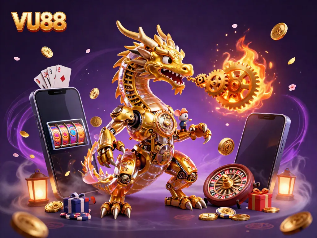 Experience the thrill of VU88 with a golden dragon, colorful gaming elements, and a vibrant atmosphere.