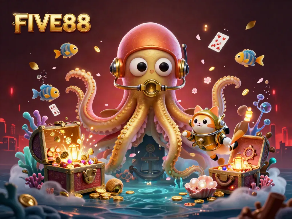 Experience thrilling wins with FIVE88 as a colossal kraken, a diving cat, and bioluminescent fish enhance the underwater casino adventure.
