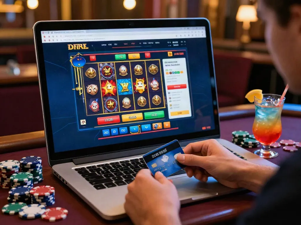 The best casinos for credit cards showcased with a player engaging on a desktop with vibrant game displays and gaming paraphernalia.