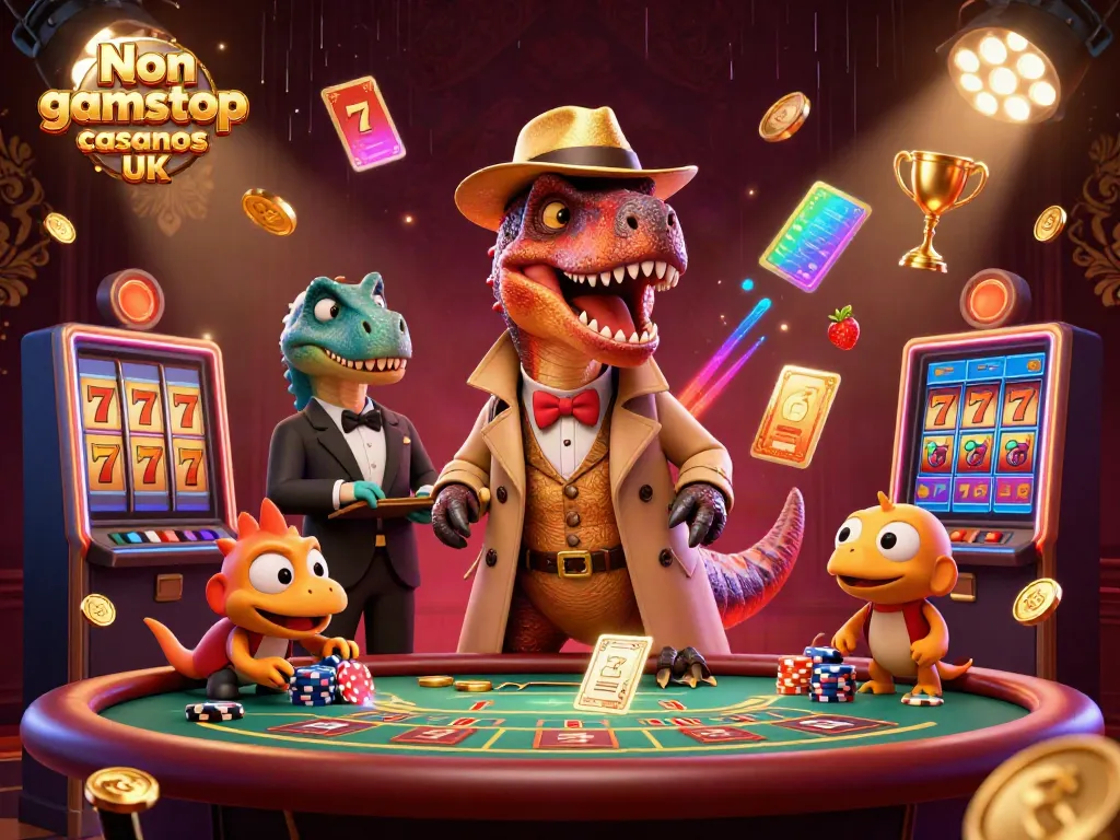 Engage in thrilling gameplay at Non gamstop casinos UK with our vibrant 3D casino scene featuring a velociraptor and stegosaurus.