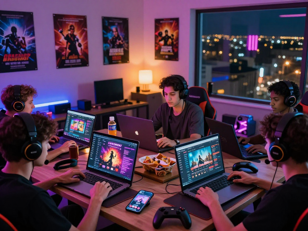 Engaging scene of diverse players exploring HTML5 porn games, vibrant gaming atmosphere.