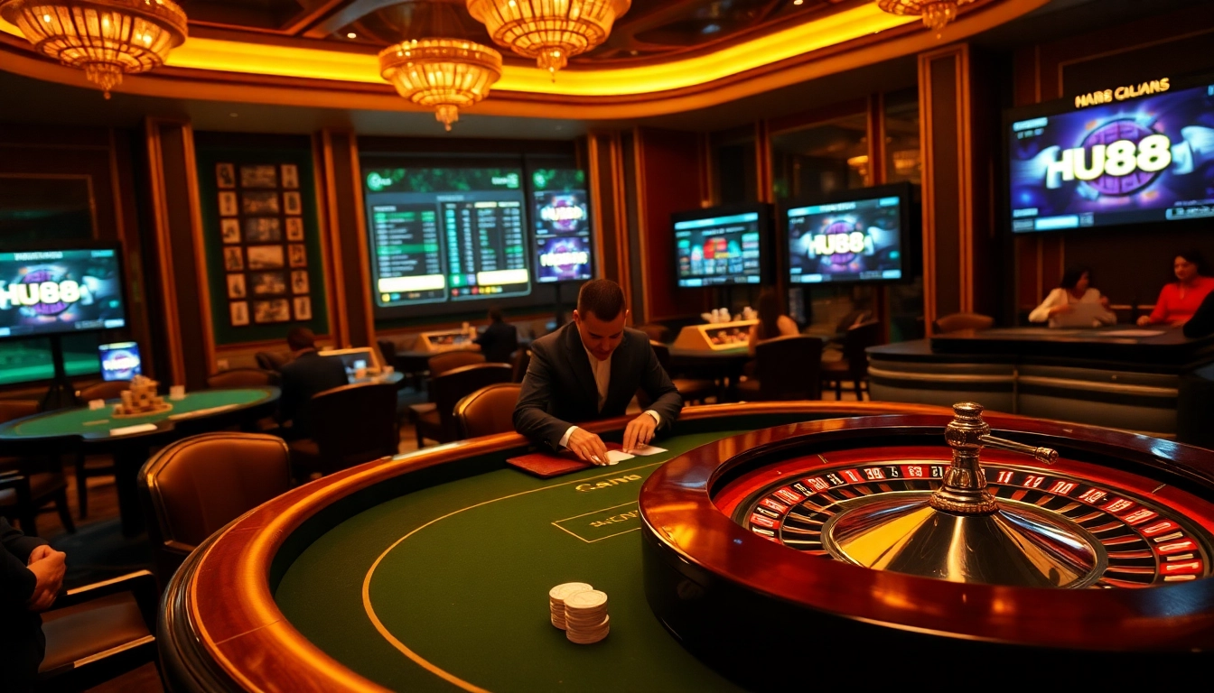 Players enjoying high-stakes games at HU88 CLUB with vibrant casino elements.