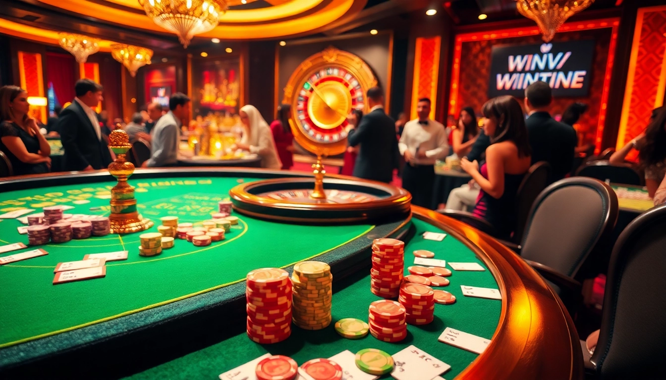 Winvn casino scene showcasing exciting gambling activities with poker chips and a roulette wheel.
