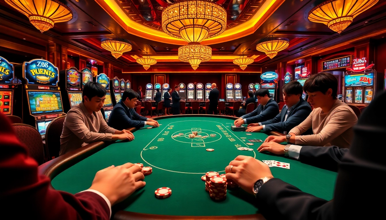 ZK88 gaming table with players at a lively casino scene showcasing poker excitement.