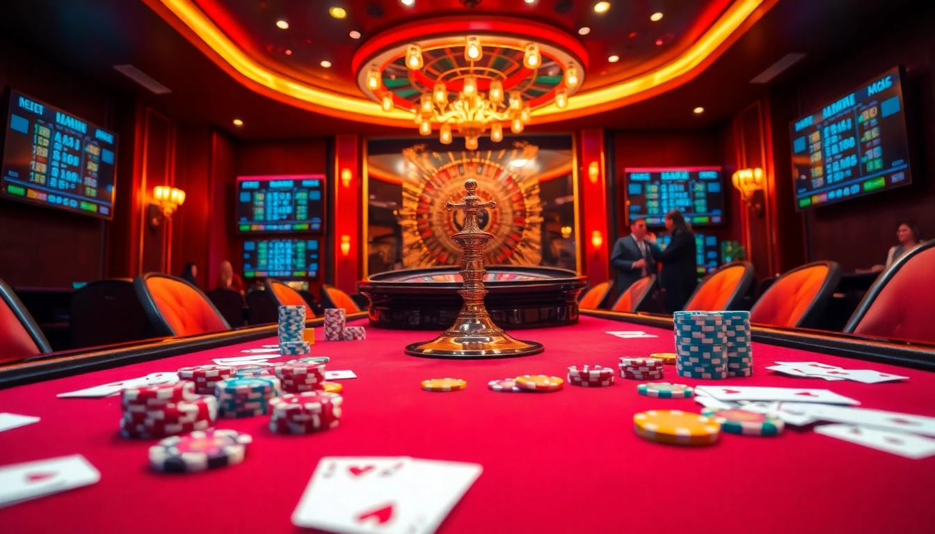 Experience the thrill of online gambling with okfun's vibrant casino scene featuring players at a betting table.