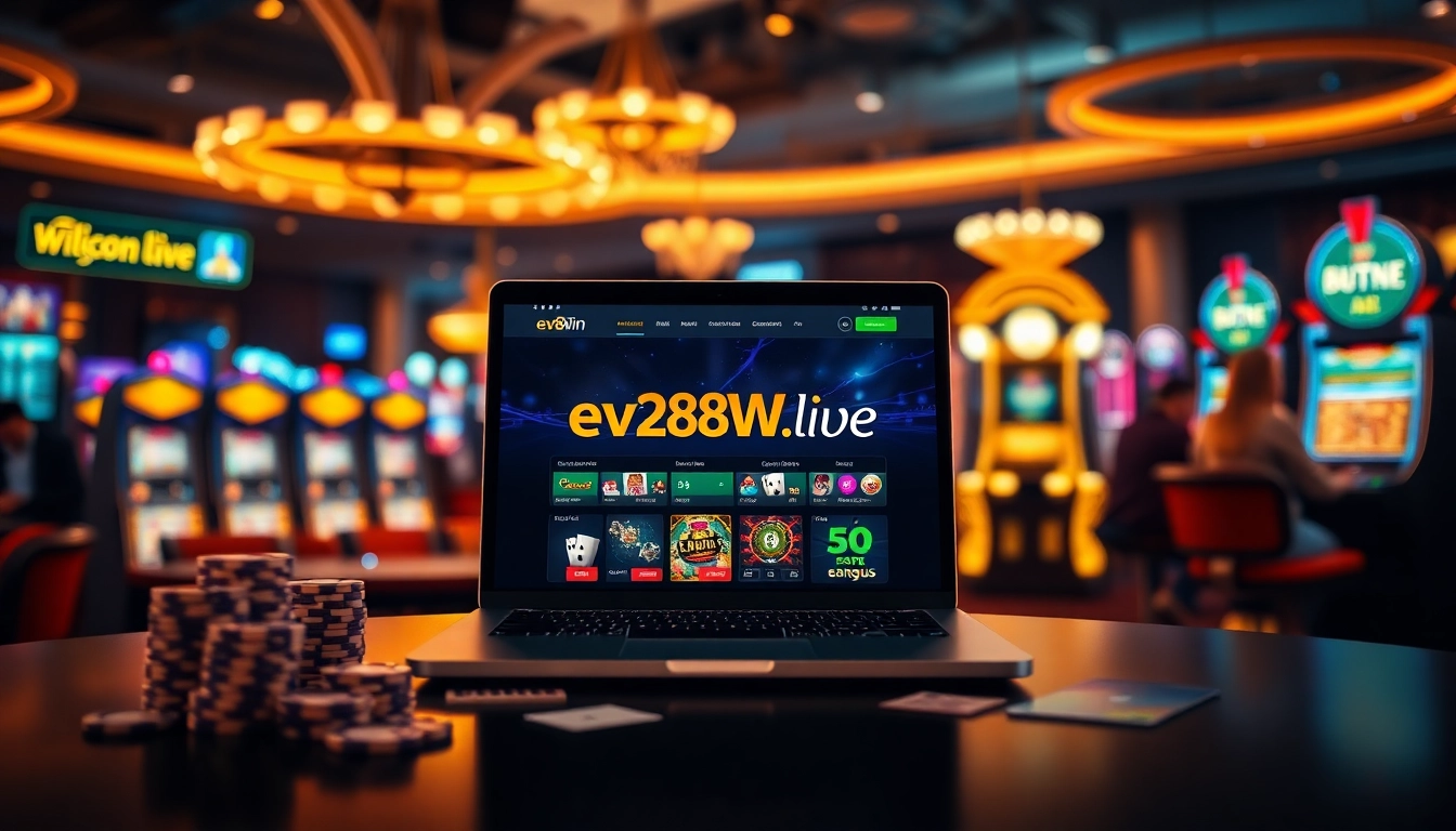 Experience the excitement of ev88win.live with an immersive online casino scene featuring modern gaming elements.