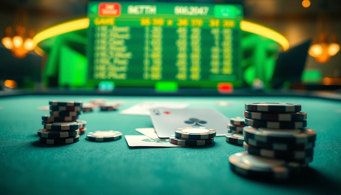 Exciting image showcasing gamebaidoithuong.com.vc with online card games, vibrant chips, and a sleek table design.