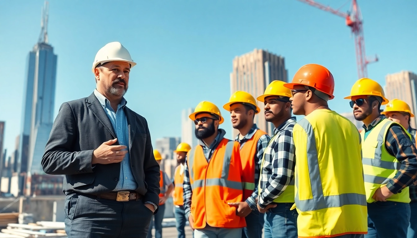 New York City General Contractor supervising a diverse team at an urban construction site.