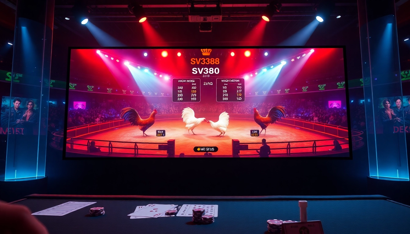 Engaging image of SV388's thrilling cockfighting event with betting slips and dynamic visuals.