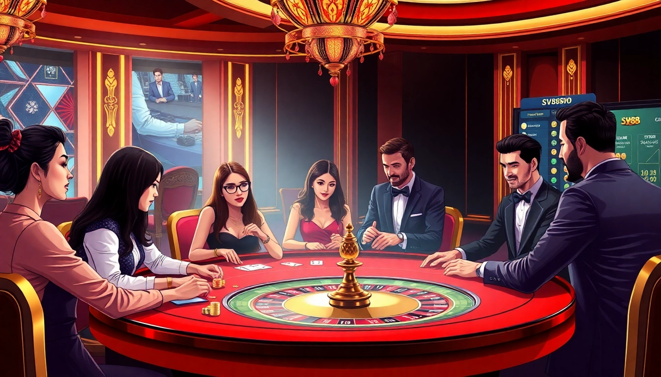 High-stakes gaming at an SV88 casino table with luxurious atmosphere and engaged players.