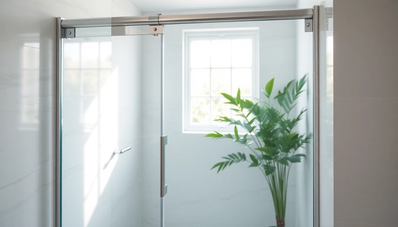 Show shower screen door in a modern bathroom setting with natural lighting and elegant decor.