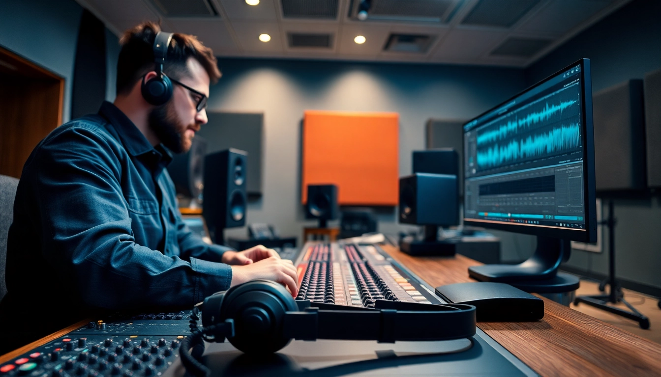 Mastering audio tracks with professional online mastering services in a modern sound studio.