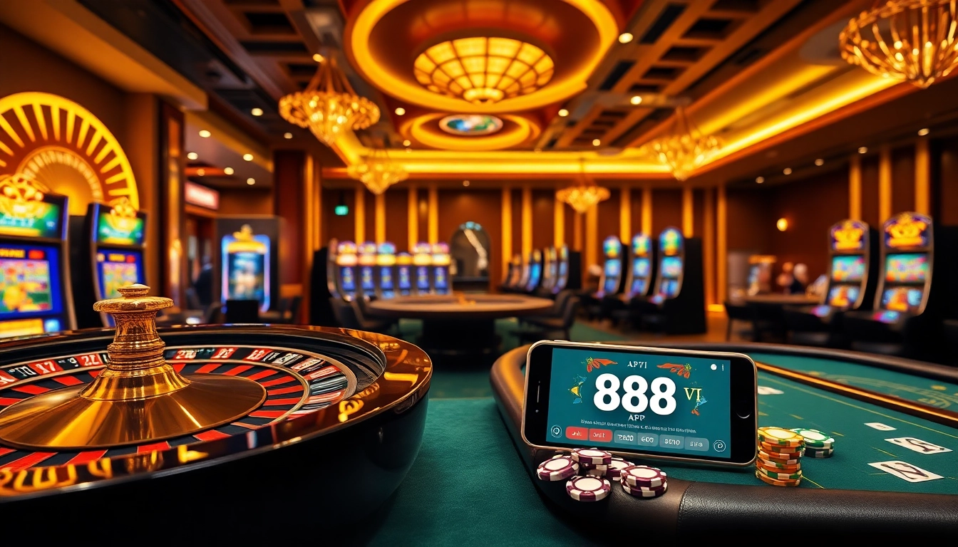 Experience excitement with 888VI APP in a vibrant casino setting filled with roulette wheels and slot machines.