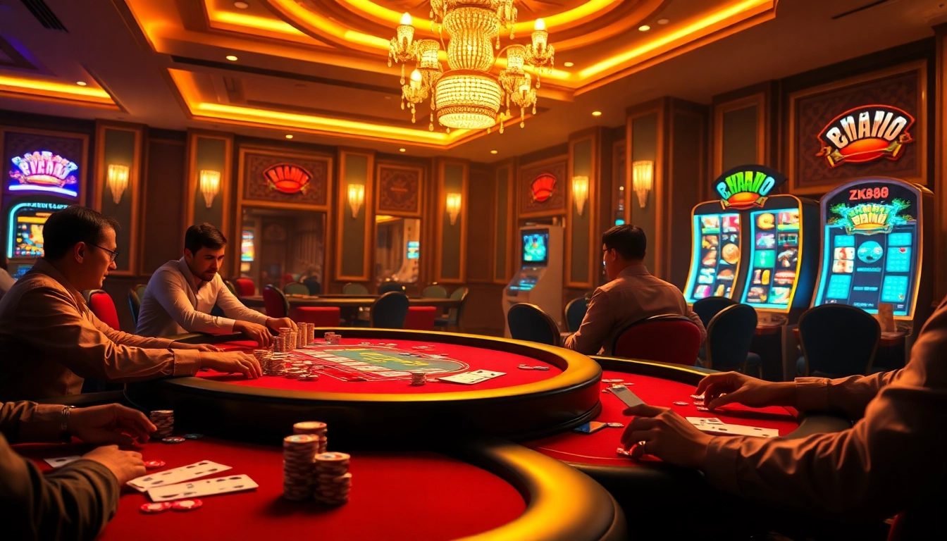 ZK88 slot enthusiasts reveling in a high-stakes poker game amidst luxurious casino decor