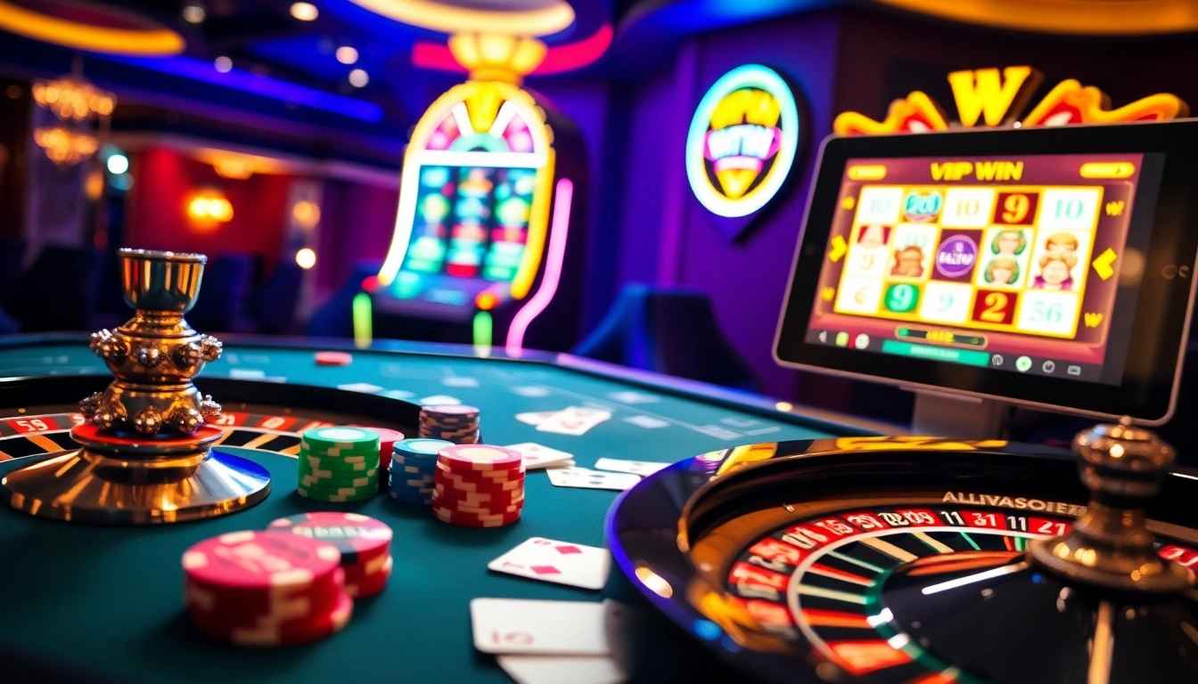 Experience the excitement of Vipwin's high-stakes gaming with vibrant cards and roulette.