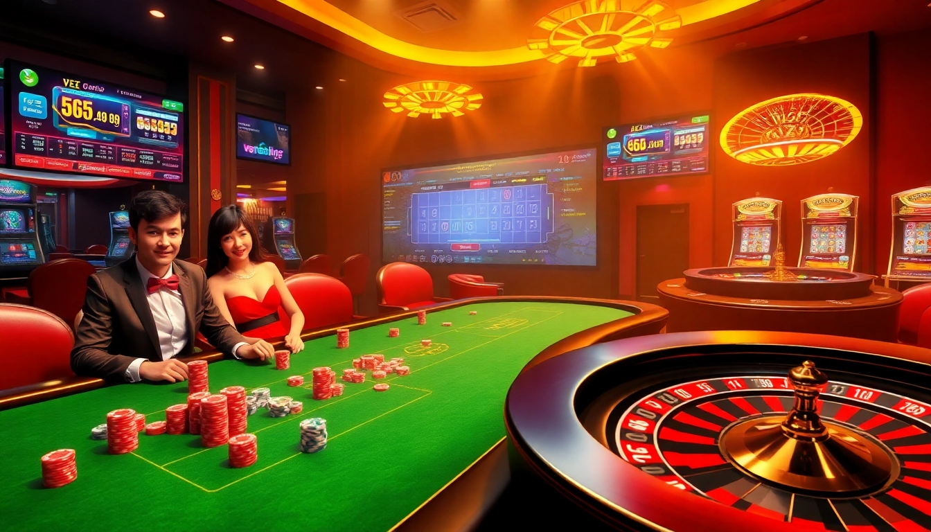Players engaging at a dynamic poker table at nhà cái vz99, featuring vibrant casino elements.