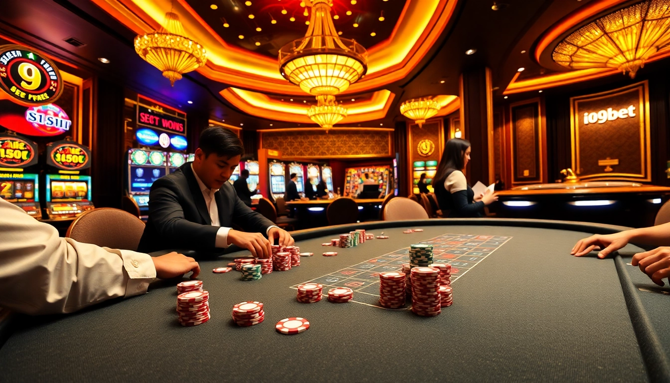 i9bet poker table scene with vibrant chips and dealer at a luxurious casino.
