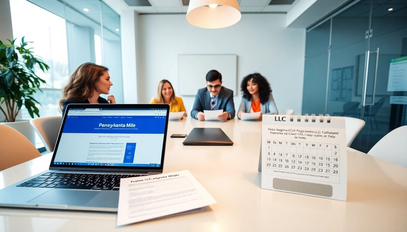 Register Pennsylvania LLC process in a professional office setting with diverse entrepreneurs discussing paperwork.