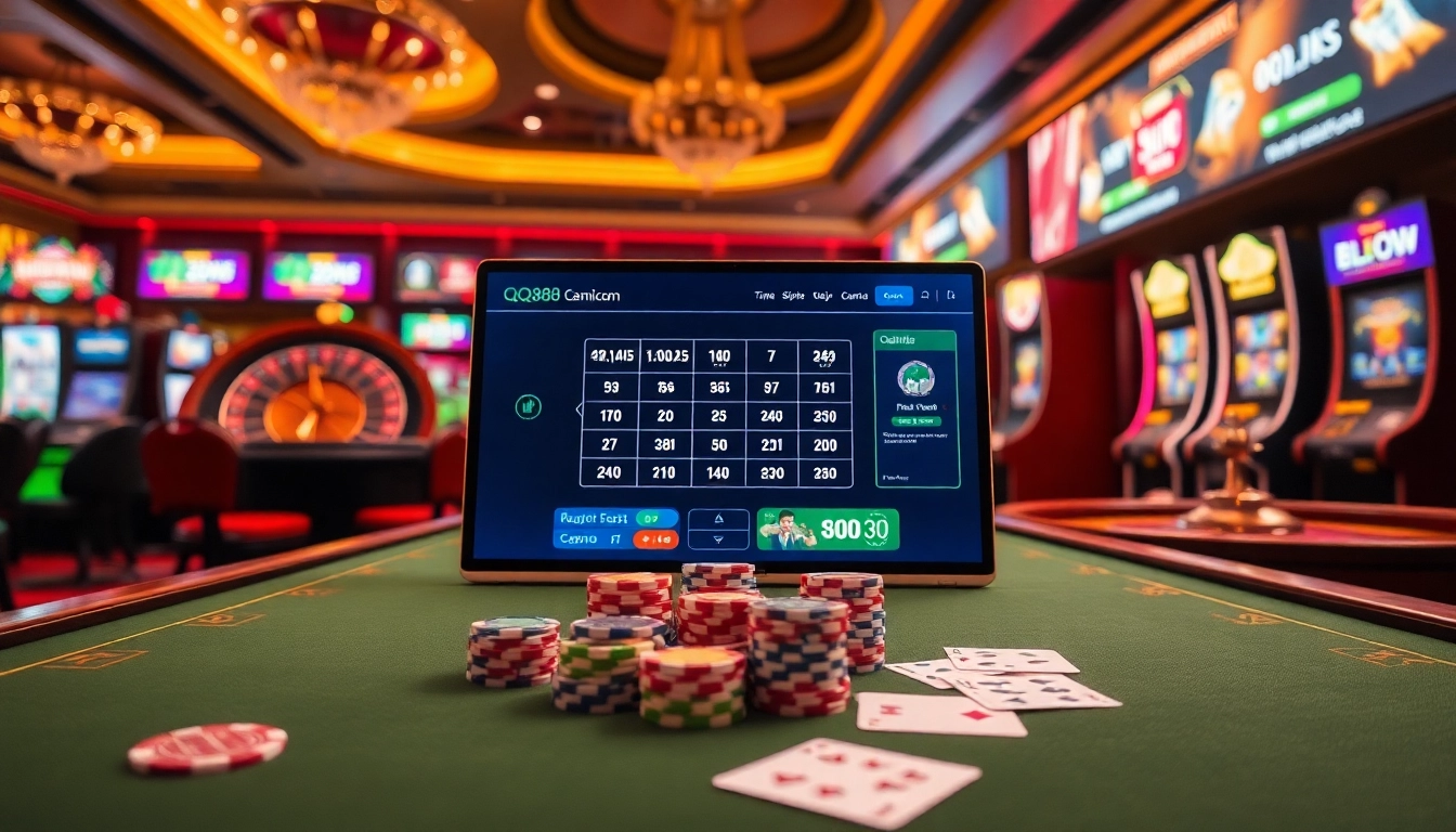 Experience thrilling gameplay at qq88 com with an interactive online casino scene showcasing cards, chips, and a roulette wheel.