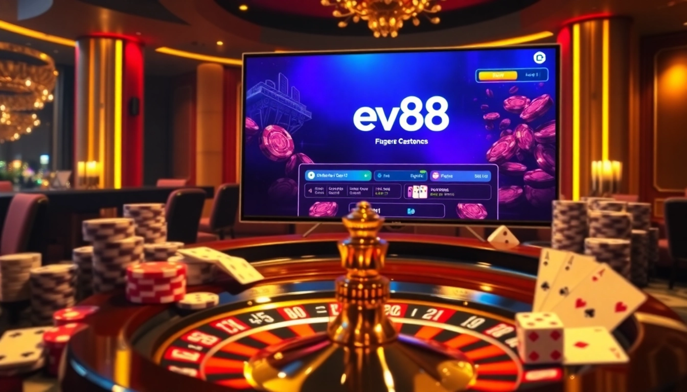 Exciting casino atmosphere with Ev88 logo, roulette wheel, and poker chips.