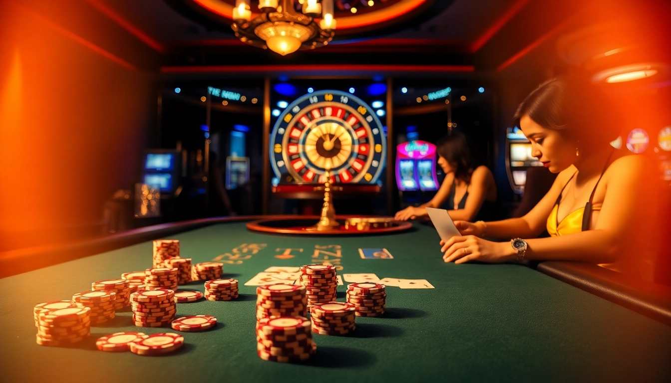 Players strategizing at a casino poker table featuring TWIN68 chips and cards.