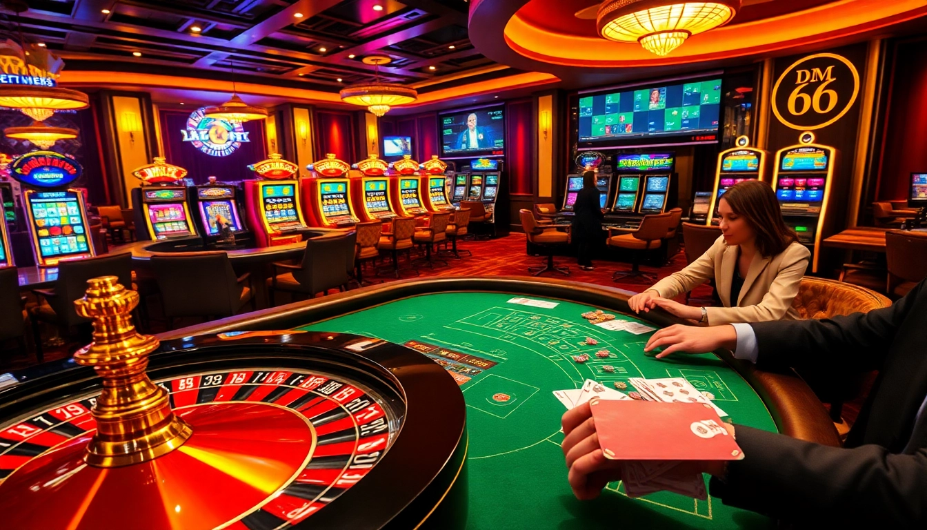Players enjoying thrilling games at mm66 casino with poker chips and roulette wheel.