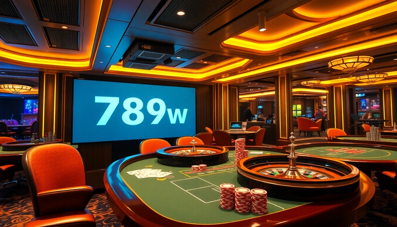 Experience thrilling gaming at 789win with vibrant tables, roulette wheels, and poker chips.