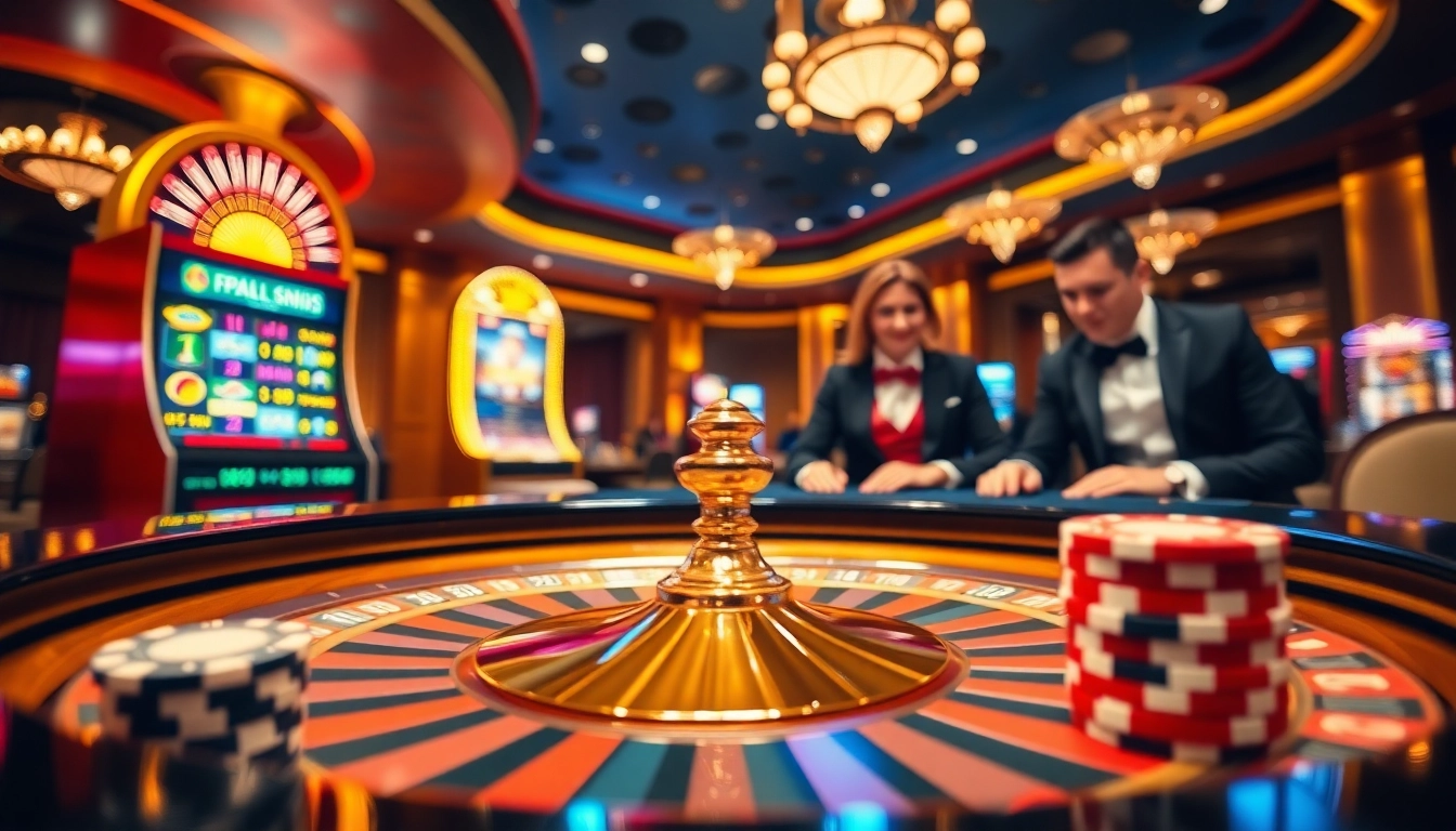 Enthralling casino experience at open88 with a luxurious roulette table and vibrant slot machines.