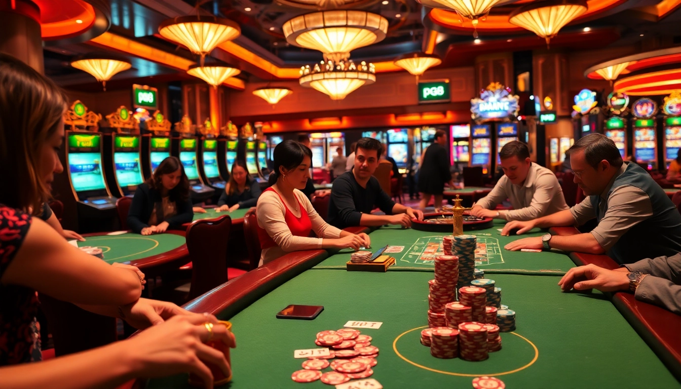 Players enjoying casino games with pg88 chips in a vibrant, luxurious setting