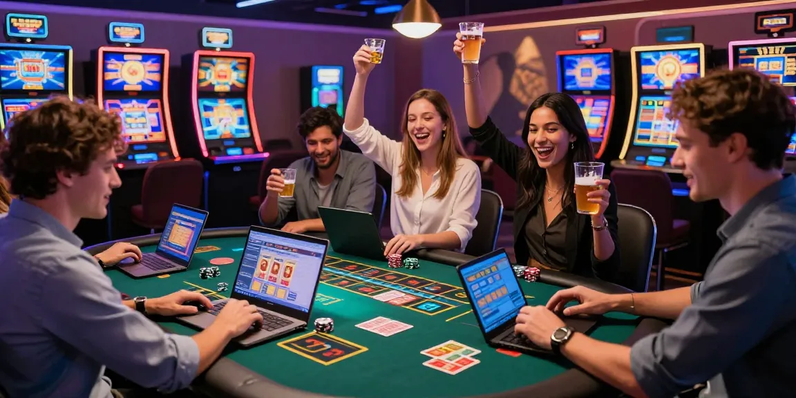 Enthusiastic players enjoying credit card casinos at a lively online gaming venue with vibrant slot machines and tables.