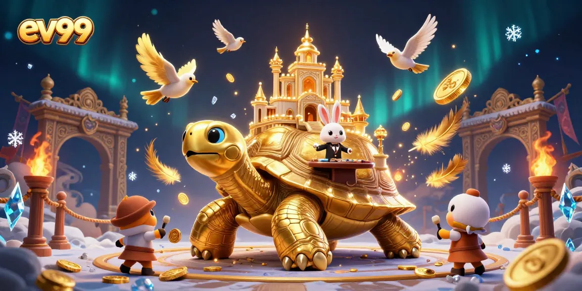 Spin the reels with ev99 at a vibrant casino scene featuring a gold tortoise and rabbit dealer.