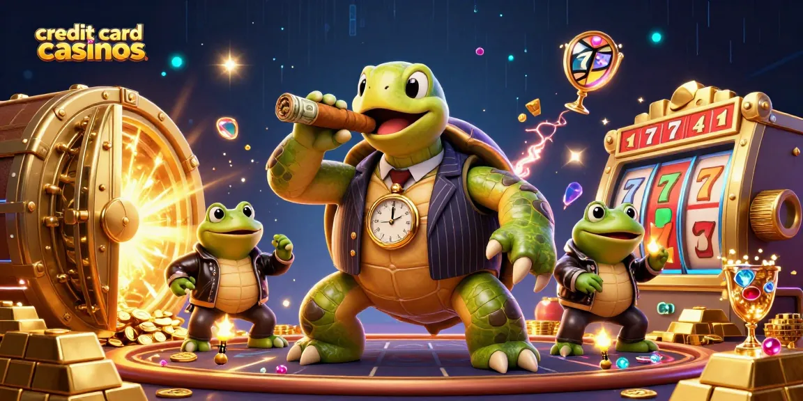 Engage with credit card casinos featuring a snapping turtle mobster and vibrant casino elements.