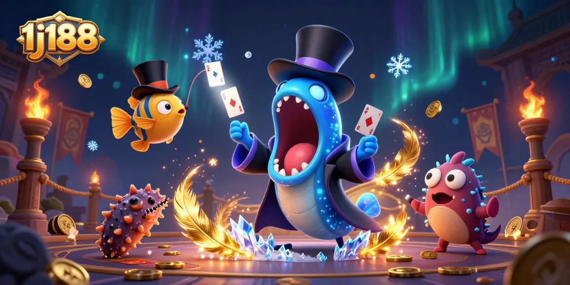 Experience thrilling fun at 1j188 as a bioluminescent eel performs magical card tricks in a vibrant casino