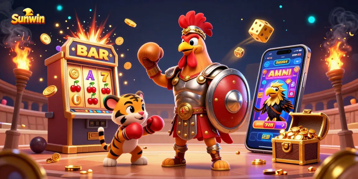 Spin the reels at Sunwin with this vibrant 3D illustration featuring a lively casino atmosphere.