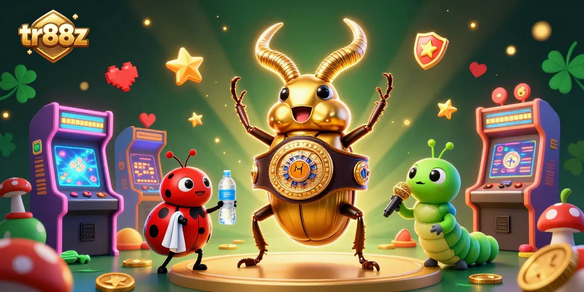 Witness a thrilling tr88z gaming showdown featuring a golden stag beetle champion amidst vibrant arcade elements.
