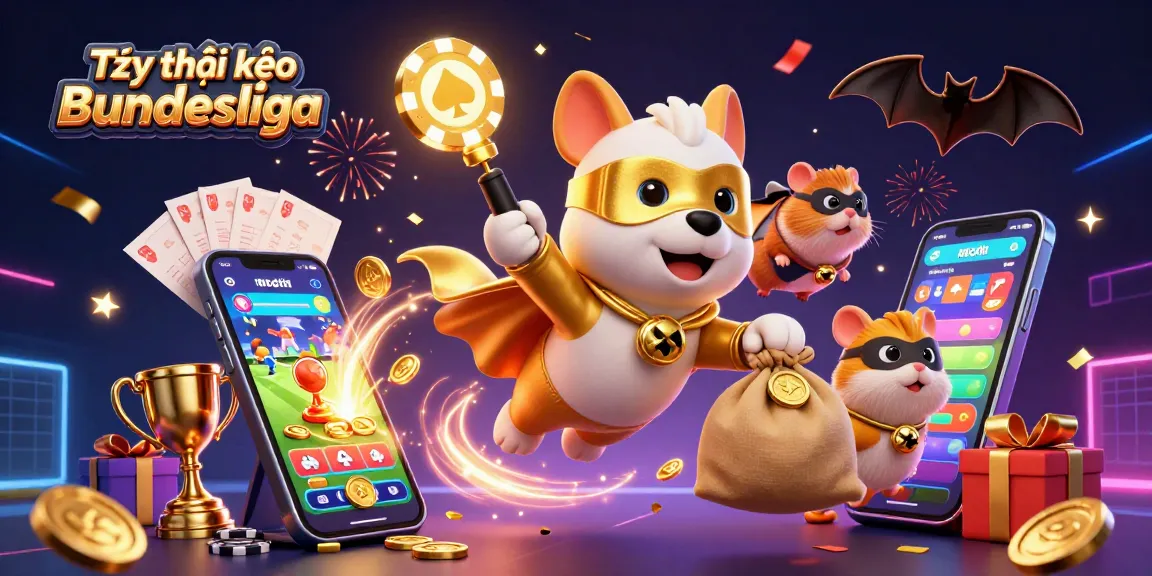 Tỷ lệ kèo Bundesliga showcased with an epic superhero canine and hamster amidst exciting sports betting elements.