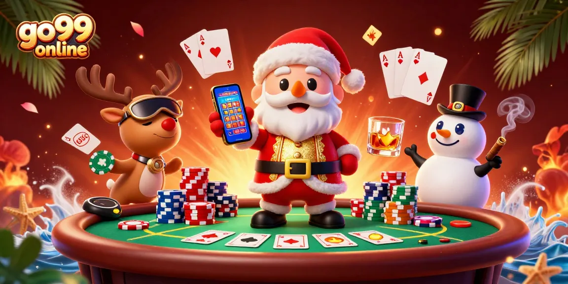 Engage with go99online's vibrant casino scene featuring festive characters and dynamic gaming elements.